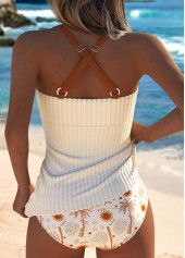 Mid Waisted Tropical Plants Print Criss Cross Tankini Set