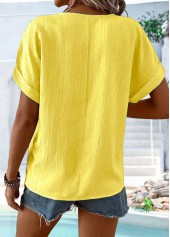Button Yellow Short Sleeve Split Neck T Shirt
