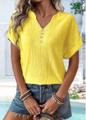 Button Yellow Short Sleeve Split Neck T Shirt