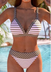 Mid Waisted Geometric Print Contrast Binding Pink Bikini Set