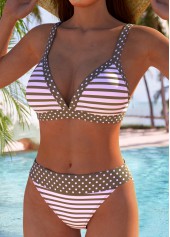 Mid Waisted Geometric Print Contrast Binding Pink Bikini Set