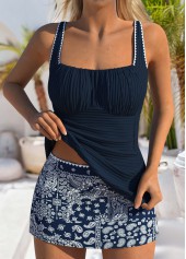 Mid Waisted Paisley Print Contrast Binding Navy Tankini Set