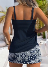 Mid Waisted Paisley Print Contrast Binding Navy Tankini Set