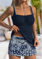 Mid Waisted Paisley Print Contrast Binding Navy Tankini Set