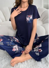 Floral Print Round Neck Navy Lounge Top and Pants
