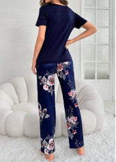 Floral Print Round Neck Navy Lounge Top and Pants