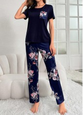 Floral Print Round Neck Navy Lounge Top and Pants