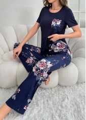 Floral Print Round Neck Navy Lounge Top and Pants