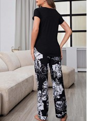 Black Floral Print V Neck Lounge Top and Pants