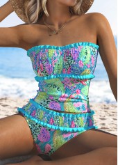 Mid Waisted Paisley Print Smocked Cyan Tankini Set