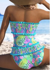 Mid Waisted Paisley Print Smocked Cyan Tankini Set