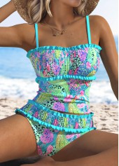 Mid Waisted Paisley Print Smocked Cyan Tankini Set