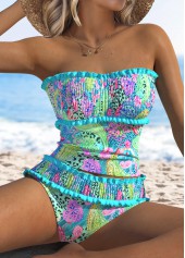 Mid Waisted Paisley Print Smocked Cyan Tankini Set