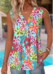 Floral Print Multi Color Sleeveless V Neck Tank Top