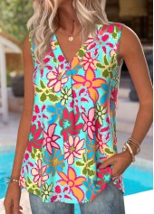 Floral Print Multi Color Sleeveless V Neck Tank Top