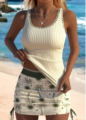 Mid Waisted Beige Tropical Plants Print Tankini Set