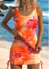 Floral Print Orange Mid Waisted Tankini Set