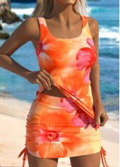 Floral Print Orange Mid Waisted Tankini Set