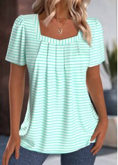 Striped Mint Green Short Sleeve Square Neck T Shirt