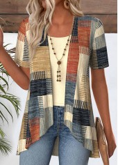 Geometric Print Multi Color Fake Two Piece Twinset