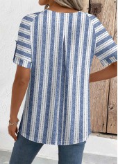 Geometric Print Blue Short Sleeve Round Neck Blouse