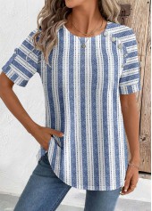 Geometric Print Blue Short Sleeve Round Neck Blouse