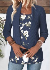 Floral Print Blue 3/4 Sleeve Fake Two Piece Twinset