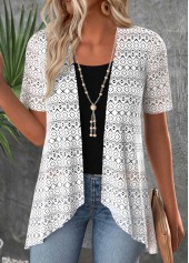 Patchwork White Short Sleeve Cardigan and Tank Top