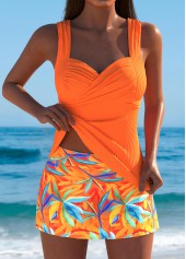 Mid Waisted Orange Leaf Print Tankini Set