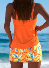 Mid Waisted Orange Leaf Print Tankini Set