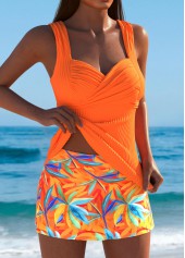 Mid Waisted Orange Leaf Print Tankini Set