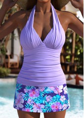 Mid Waisted Purple Floral Print Tankini Set