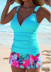 Mid Waisted Marine Life Print Cyan Tankini Set
