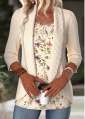 Floral Print Beige 3/4 Sleeve Fake Two Piece Twinset