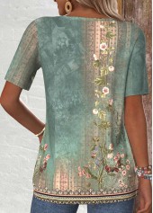 Random Floral Print Tuck Stitch Sage Green T Shirt