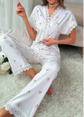 Floral Print White V Neck Lounge Top and Pants