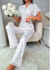 Floral Print White V Neck Lounge Top and Pants