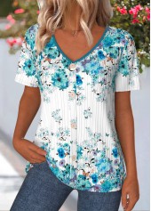 Floral Print Cyan Short Sleeve V Neck T Shirt