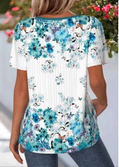 Floral Print Cyan Short Sleeve V Neck T Shirt