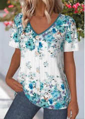 Floral Print Cyan Short Sleeve V Neck T Shirt