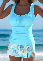 Mid Waisted Tropical Plants Print Cyan Tankini Set