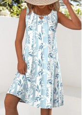 Leaf Print Light Blue A Line Sleeveless Dress