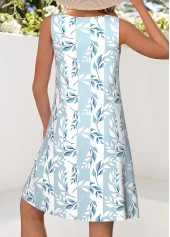 Leaf Print Light Blue A Line Sleeveless Dress