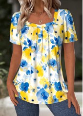 Floral Print Blue Short Sleeve Square Neck T Shirt