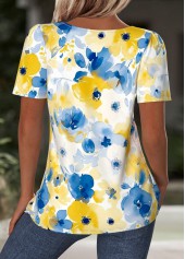 Floral Print Blue Short Sleeve Square Neck T Shirt