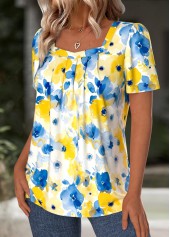 Floral Print Blue Short Sleeve Square Neck T Shirt