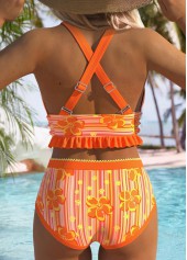 Mid Waisted Floral Print Orange Bikini Set
