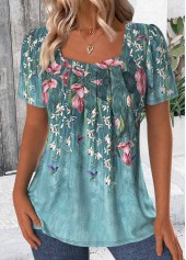 Floral Print Green Short Sleeve Square Neck T Shirt