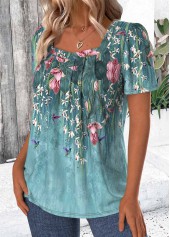 Floral Print Green Short Sleeve Square Neck T Shirt