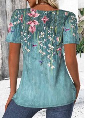 Floral Print Green Short Sleeve Square Neck T Shirt